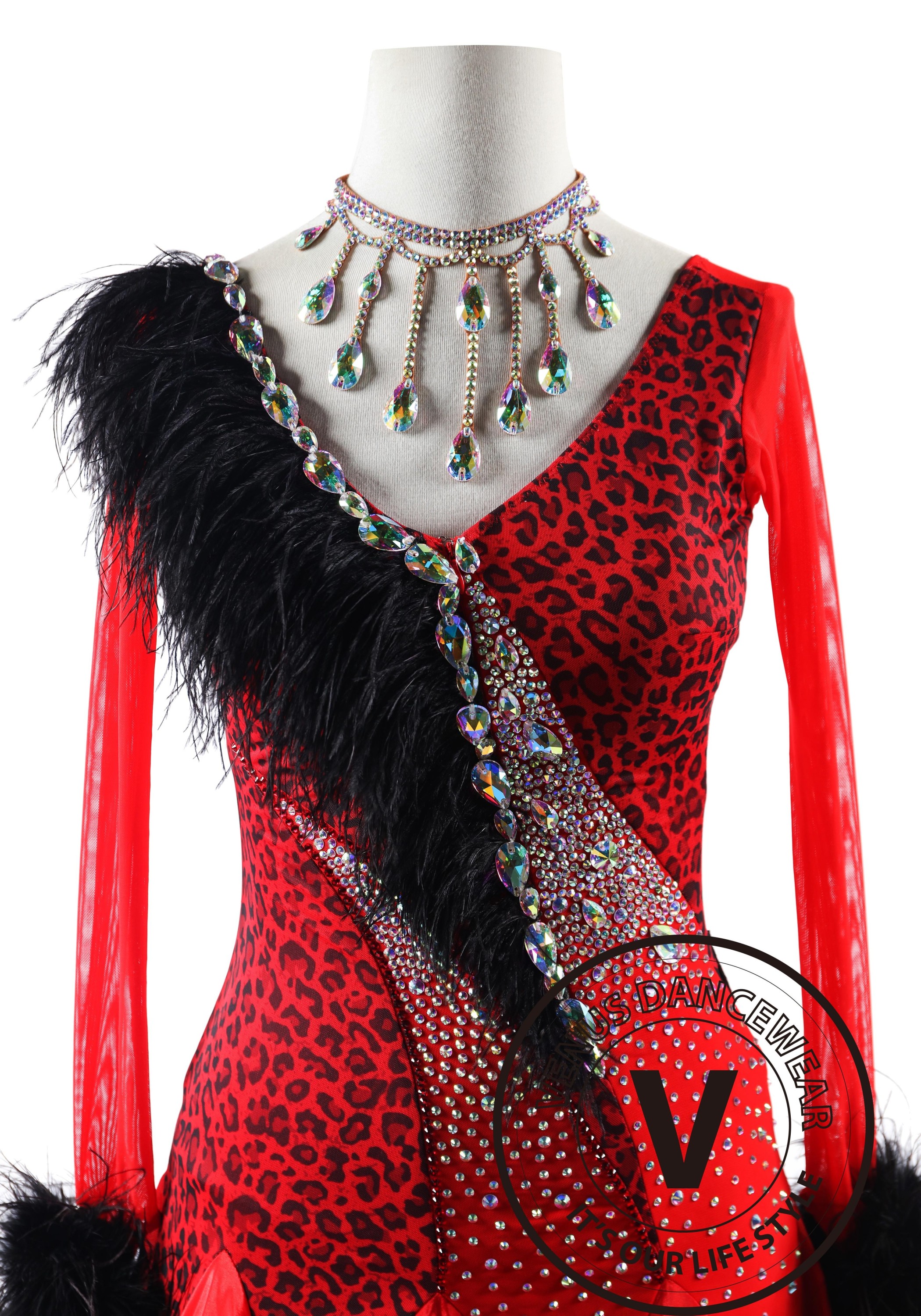 Fiery Elegance Red Leopard Print With Black Feather Pearl Silk Skirt