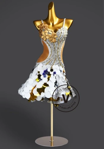 Gilded Blossom Petals Latin Rhythm Chacha Salsa Rumba Competition Dance Dress