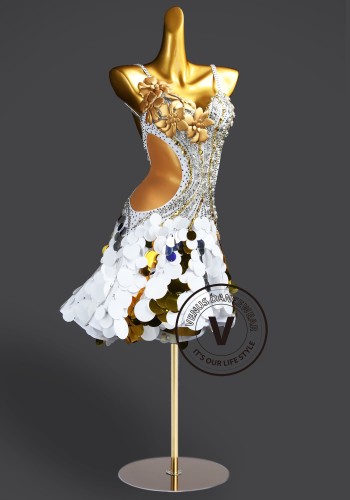 Gilded Blossom Petals Latin Rhythm Chacha Salsa Rumba Competition Dance Dress