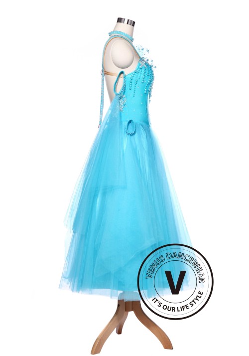 Light Blue Sewing Pearl Standard Smooth Tango Waltz Ballroom Competition Dress