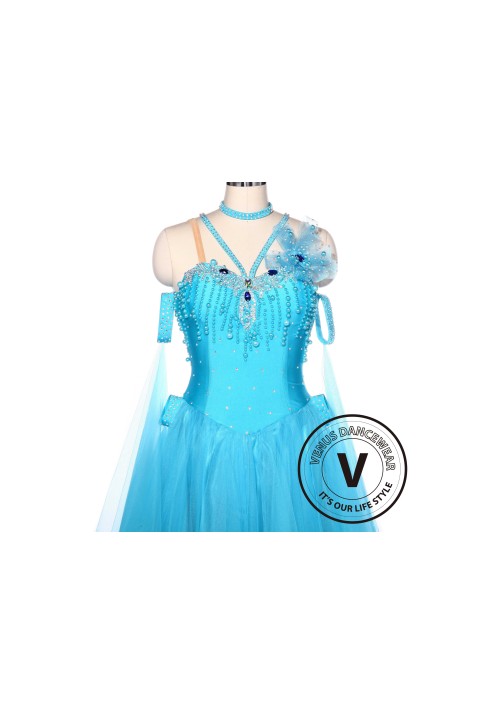 Light Blue Sewing Pearl Standard Smooth Tango Waltz Ballroom Competition Dress