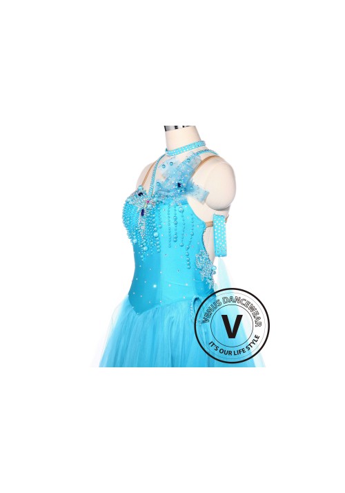 Light Blue Sewing Pearl Standard Smooth Tango Waltz Ballroom Competition Dress