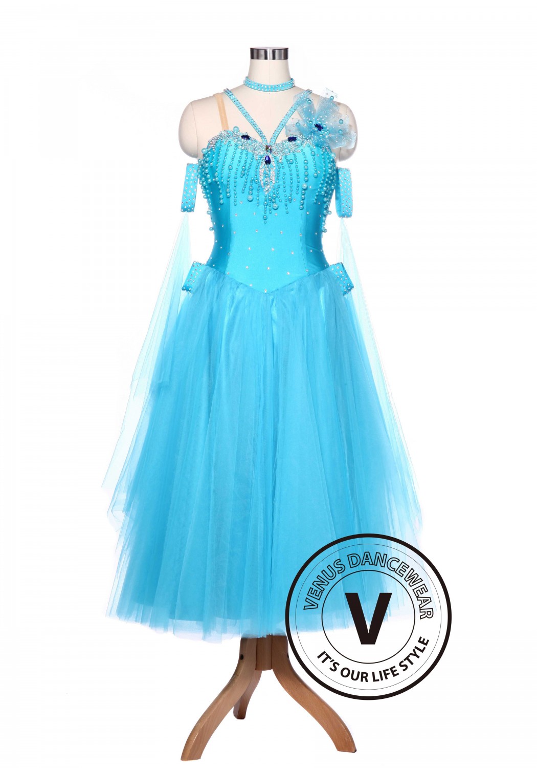Light Blue Sewing Pearl Standard Smooth Tango Waltz Ballroom Competition Dress