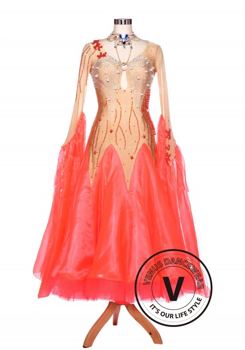 Coral Red Sewing Pearl Smooth Waltz Standard Tango Ballroom Competition Dress