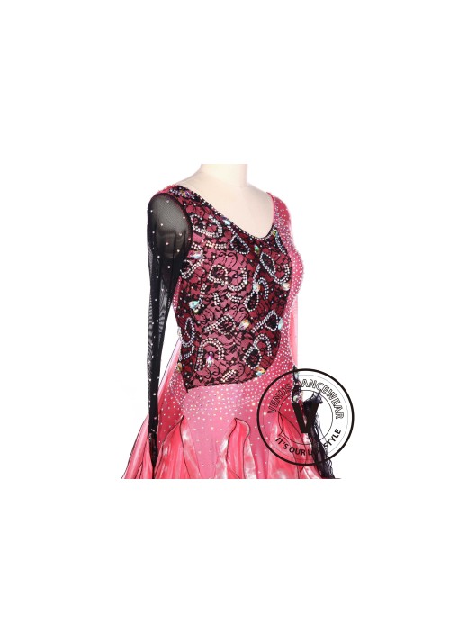 Black Lace Pink Waltz Standard Tango Smooth Ballroom Competition Dance Dress