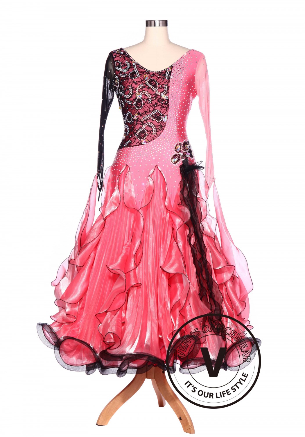 Black Lace Pink Waltz Standard Tango Smooth Ballroom Competition Dance Dress
