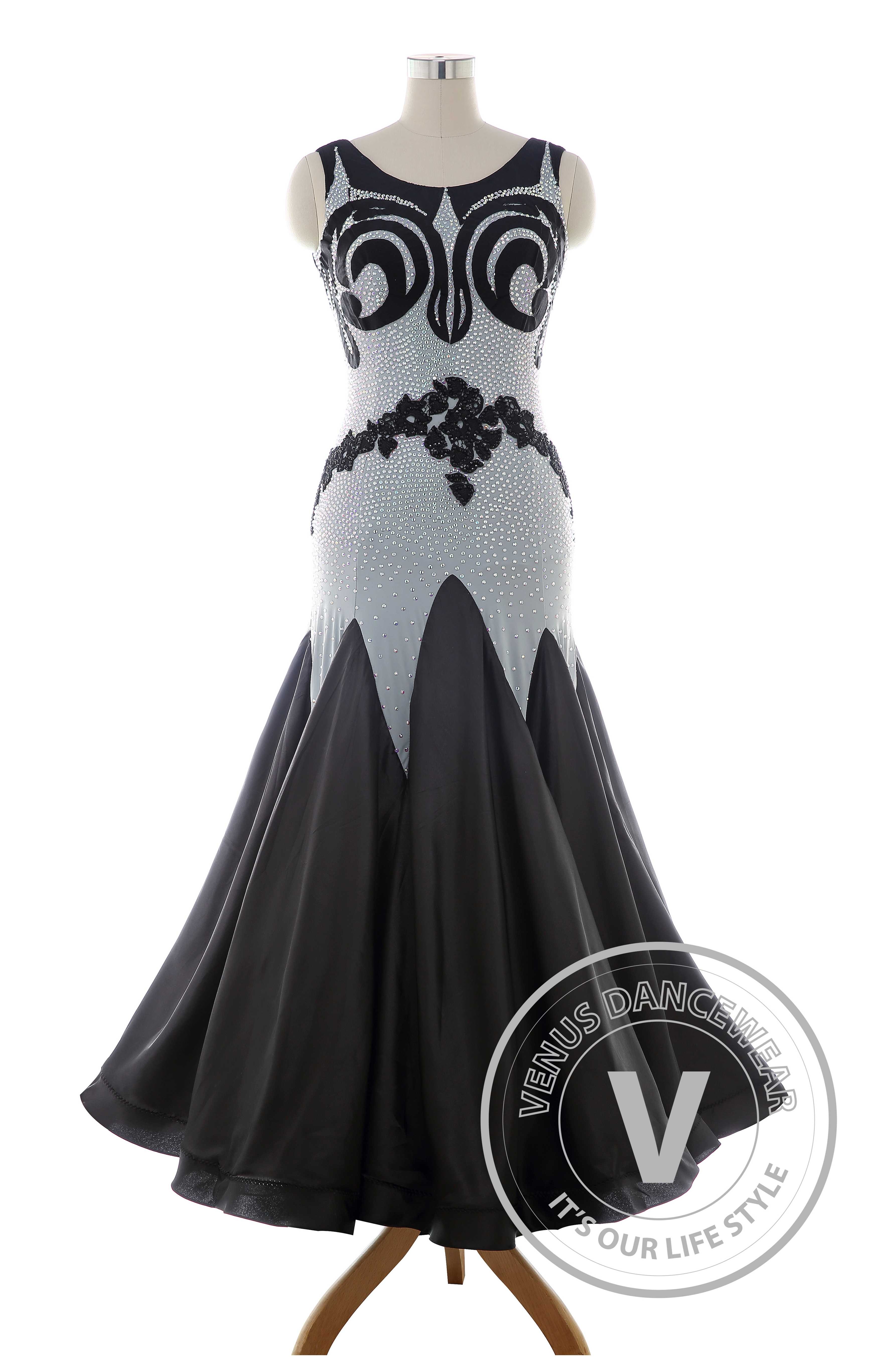 Ballroom Competition Dance Dress Black Floral American Dress Tango Waltz Gown 12 