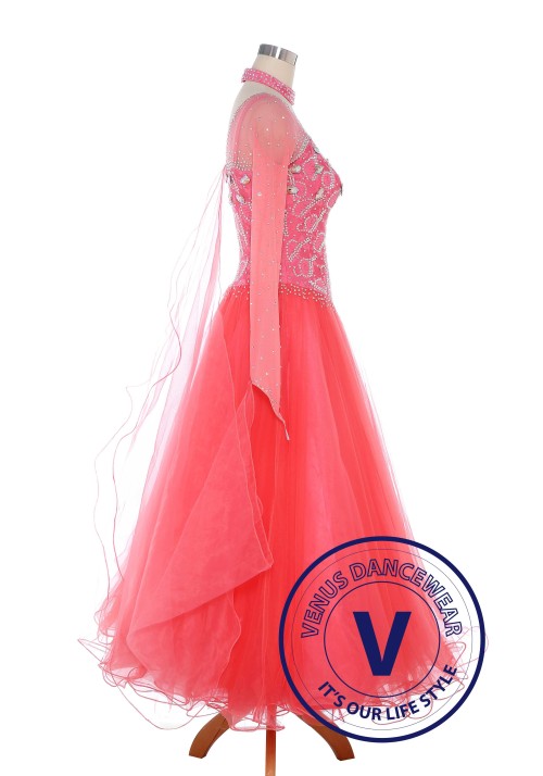 Coral Pink Standard Ballroom Tango Waltz Smooth Competition Dance Dress