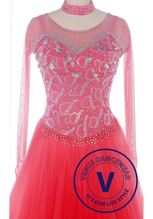 Coral Pink Standard Ballroom Tango Waltz Smooth Competition Dance Dress