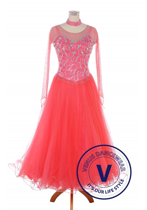 Coral Pink Standard Ballroom Tango Waltz Smooth Competition Dance Dress
