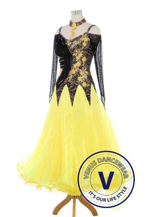 Luxury Yellow Standard Ballroom Tango Waltz Smooth Competition Dance Dress