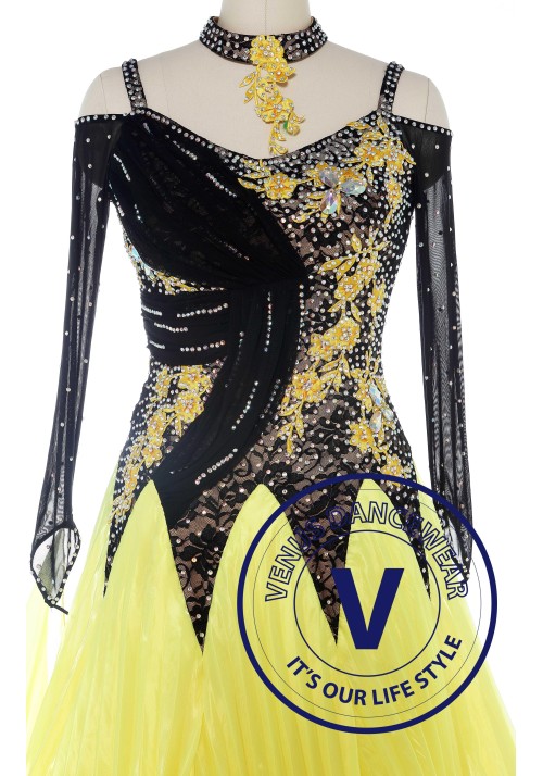 Luxury Yellow Standard Ballroom Tango Waltz Smooth Competition Dance Dress