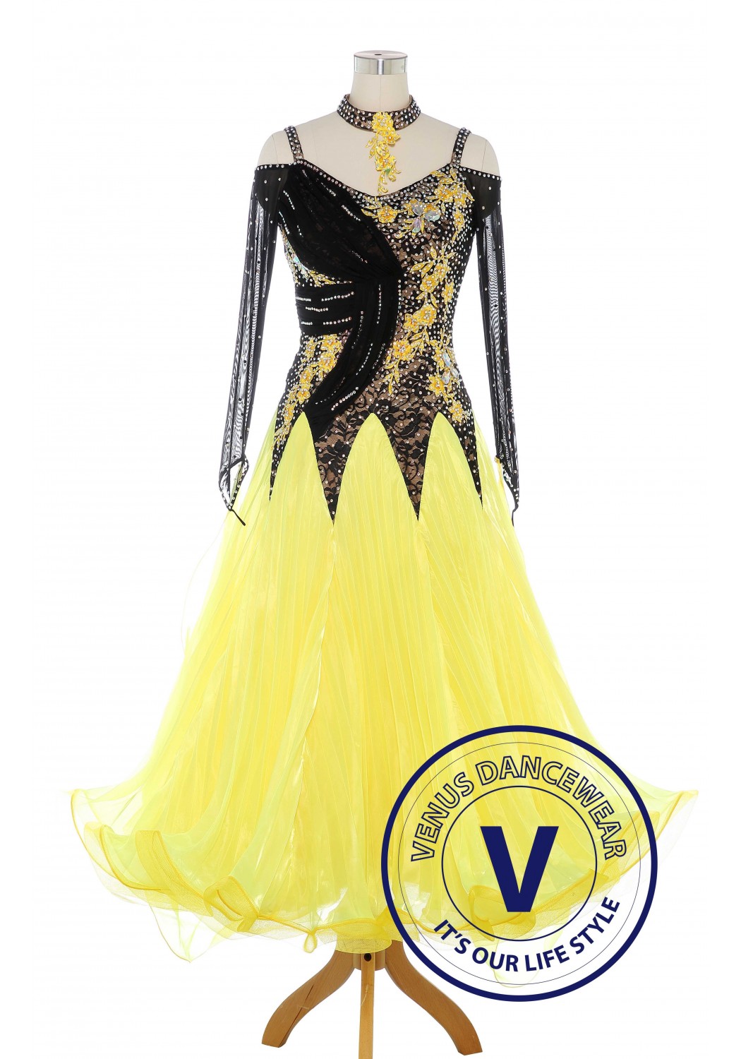 Luxury Yellow Standard Ballroom Tango Waltz Smooth Competition Dance Dress