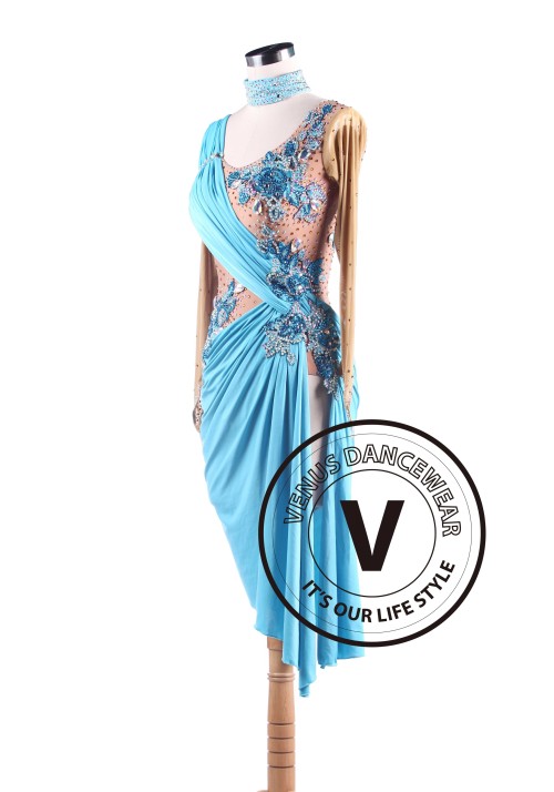 Sky Blue Latin Rhythm Swing Salsa Competition Dance Dress