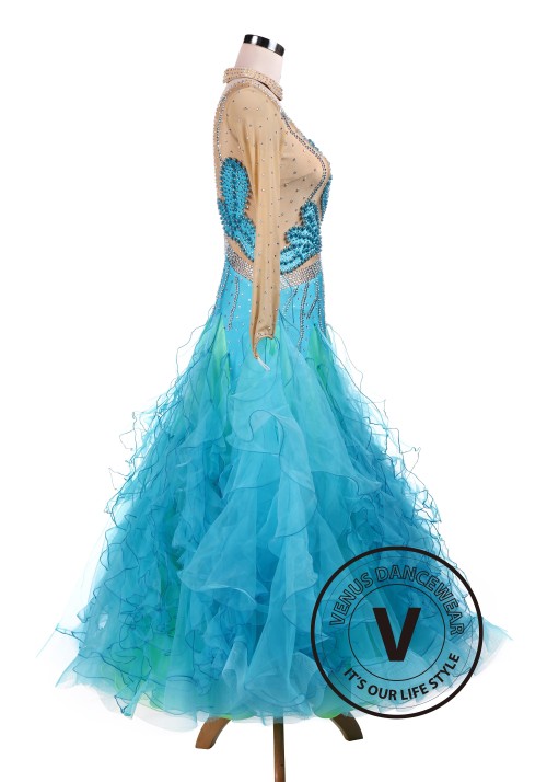 Blue Butterfly Pearl Ballroom Competition Dress Tango Waltz Dancing Dress