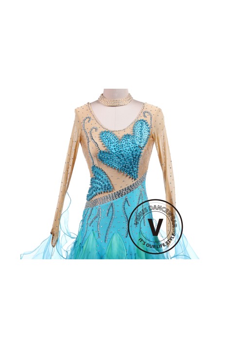 Blue Butterfly Pearl Ballroom Competition Dress Tango Waltz Dancing Dress