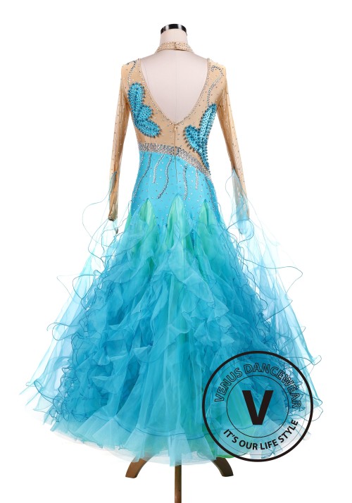 Blue Butterfly Pearl Ballroom Competition Dress Tango Waltz Dancing Dress