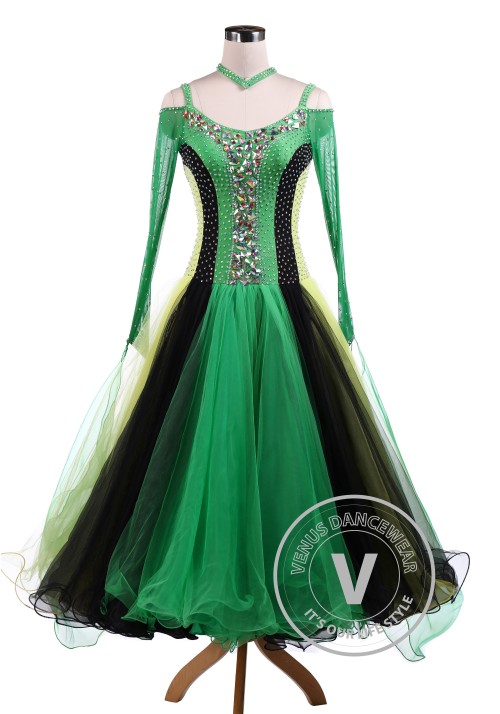 Green Tricolore Standard Ballroom Tango Waltz Competition Dance Dress