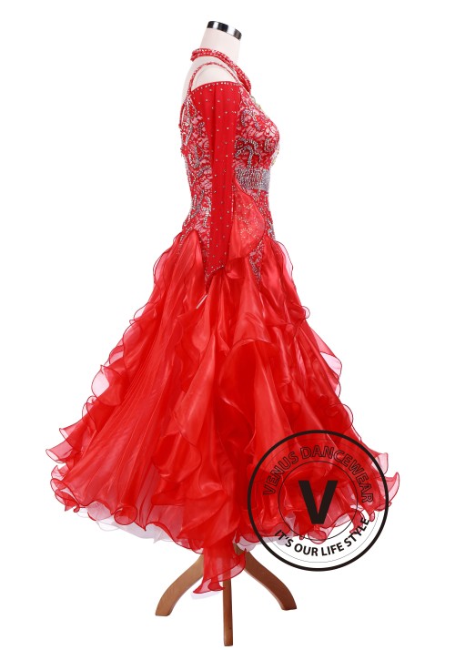 Bright Red Waltz Tango Competition Ballroom Dance Dress