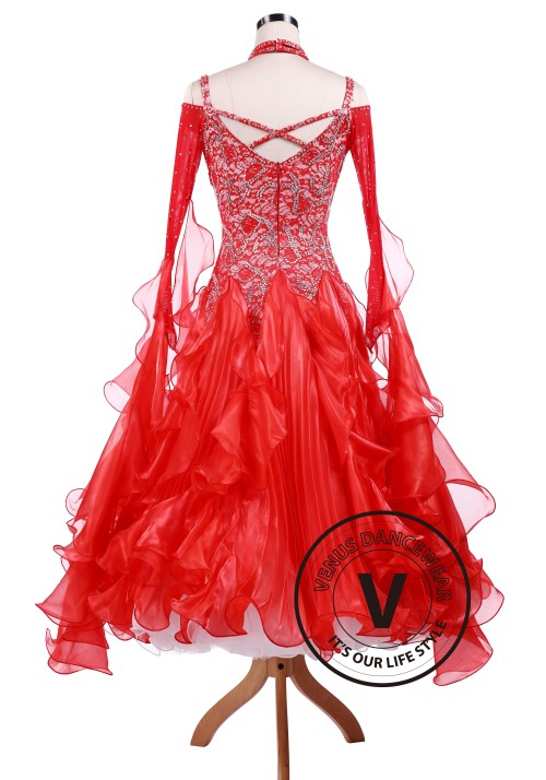 Bright Red Waltz Tango Competition Ballroom Dance Dress