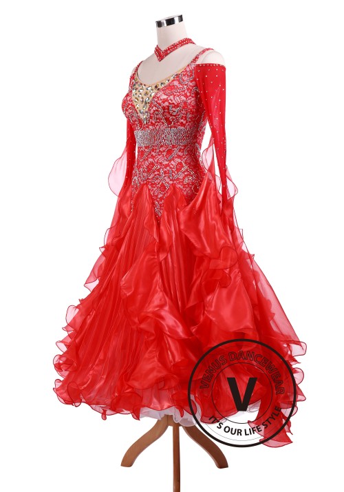 Bright Red Waltz Tango Competition Ballroom Dance Dress