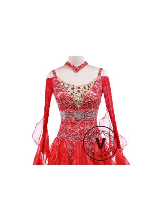 Bright Red Waltz Tango Competition Ballroom Dance Dress