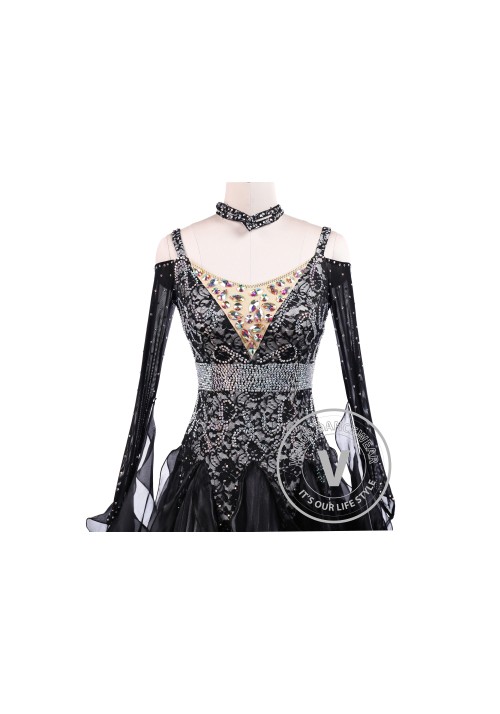 Bright Black Waltz Tango Competition Ballroom Dance Dress