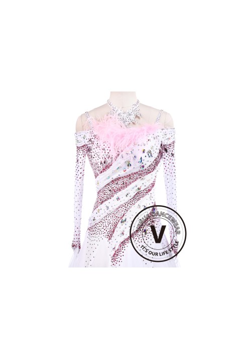 Sakura Pink Feather Luxury Ballroom Competition Dancing Dress