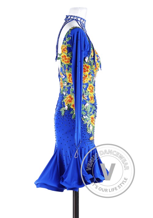 Royal Blue Sunflower Latin Chacha Rhythm Salsa Women Competition Dancing Dress