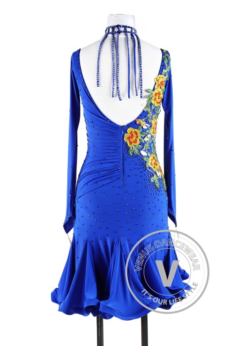 Royal Blue Sunflower Latin Chacha Rhythm Salsa Women Competition Dancing Dress