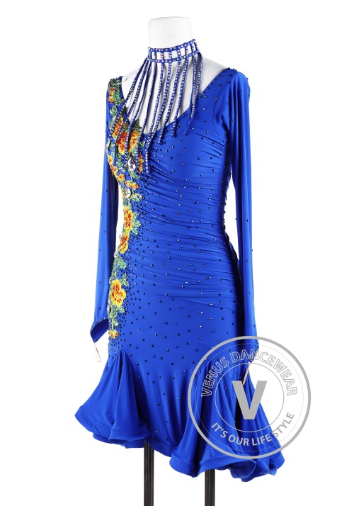 Royal Blue Sunflower Latin Chacha Rhythm Salsa Women Competition Dancing Dress