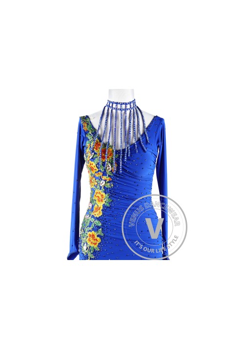 Royal Blue Sunflower Latin Chacha Rhythm Salsa Women Competition Dancing Dress