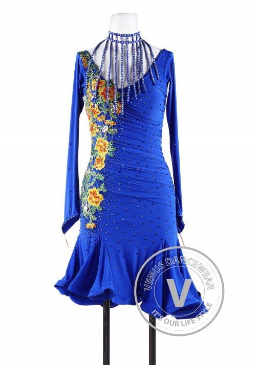 Royal Blue Sunflower Latin Chacha Rhythm Salsa Women Competition Dancing Dress