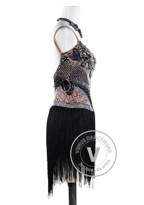 Black geometric Fringes Latin Rhythm Chacha Salsa Competition Dancing Dress