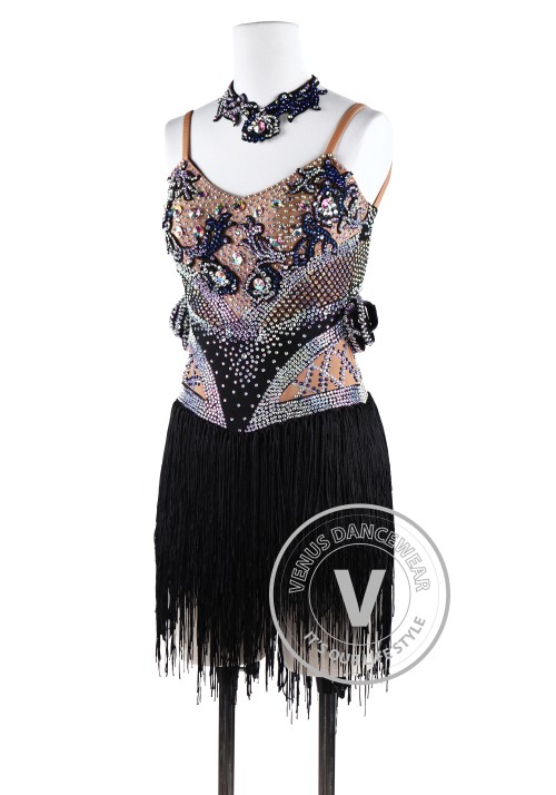 Black geometric Fringes Latin Rhythm Chacha Salsa Competition Dancing Dress