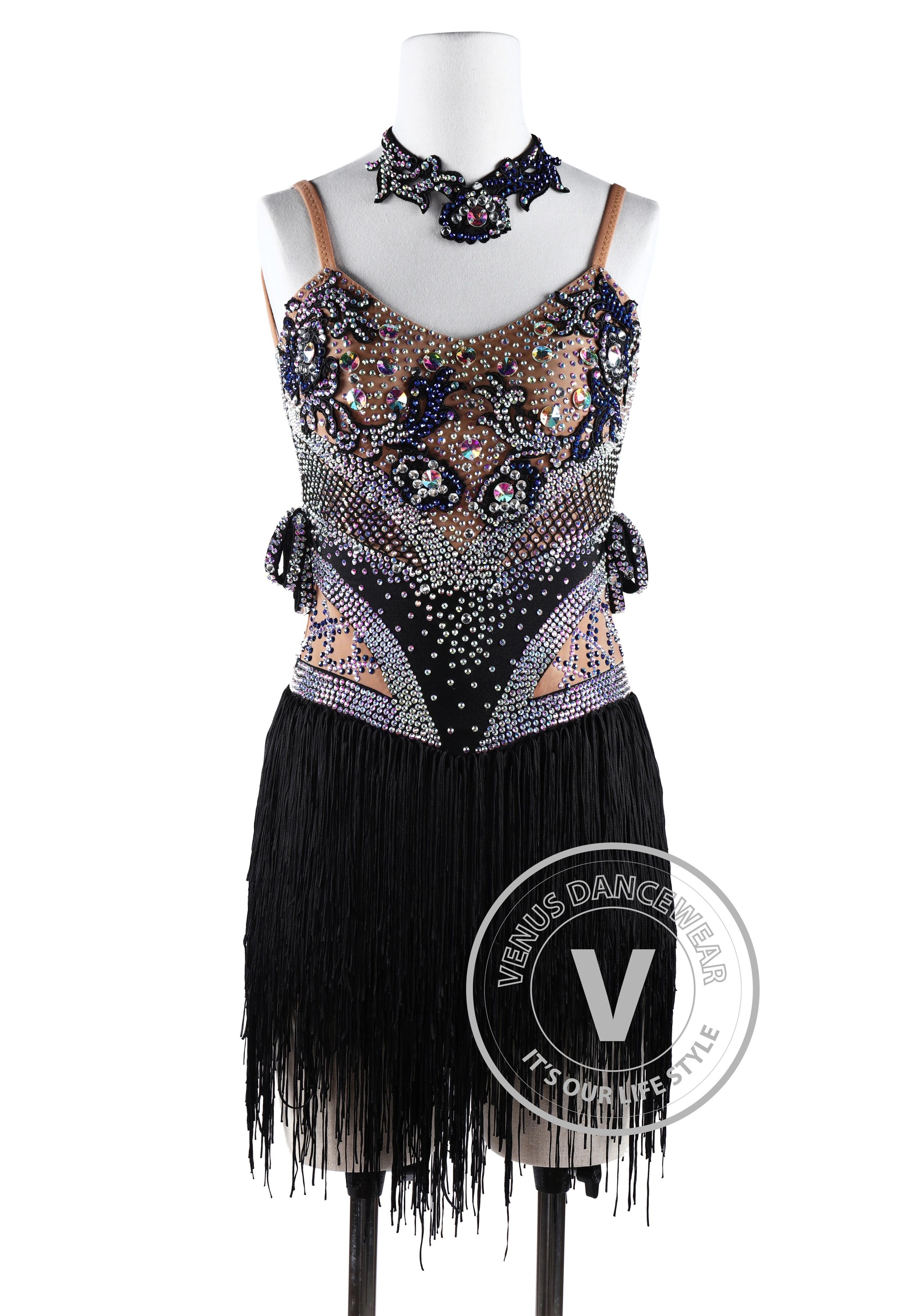 Black geometric Fringes Latin Rhythm Chacha Salsa Competition Dancing Dress