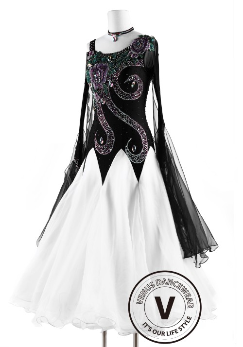 White and Black Phoenix Smooth Waltz Tango Quickstep Ballroom Competition Dance Dress