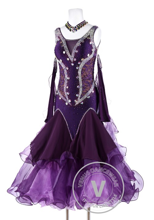 Plum Lace Smooth Waltz Tango Quickstep Ballroom Competition Dance Dress