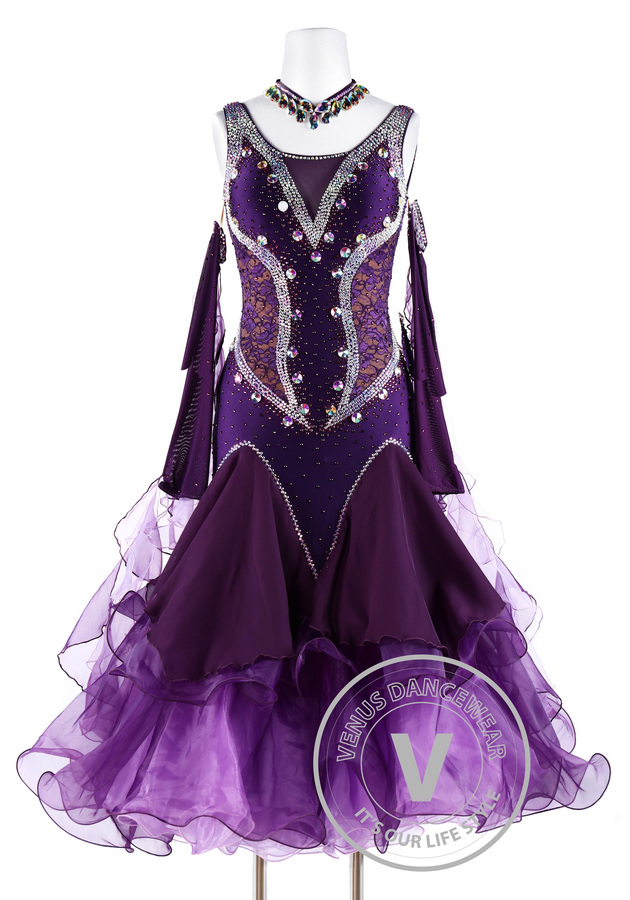 Plum Lace Smooth Waltz Tango Quickstep Ballroom Competition Dance Dress