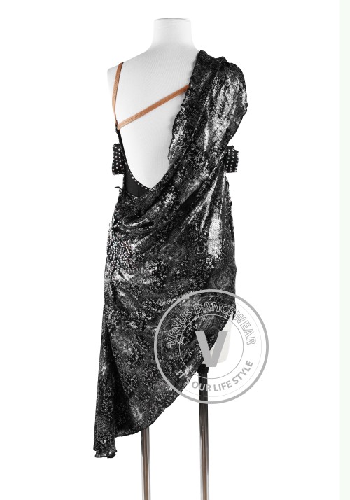 Black Metallic Sequins Embroidery Tail Latin Rhythm Competition Dress