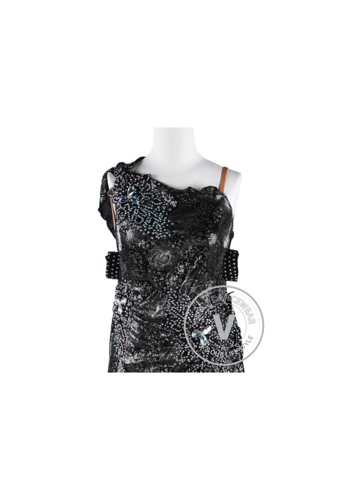 Black Metallic Sequins Embroidery Tail Latin Rhythm Competition Dress