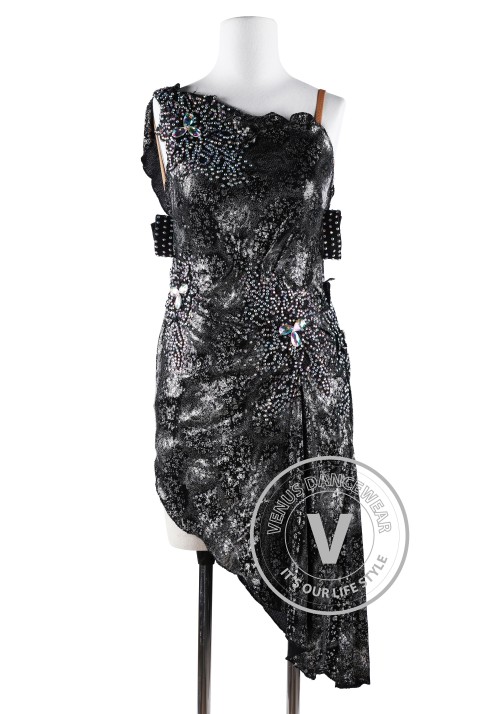 Black Metallic Sequins Embroidery Tail Latin Rhythm Competition Dress