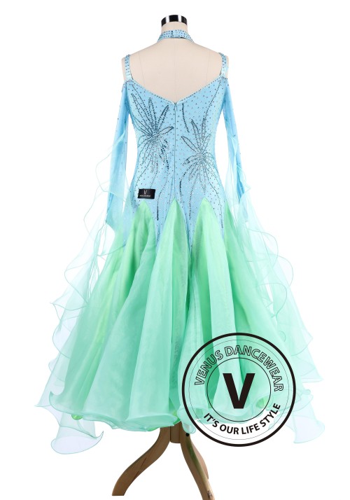 Spring Green Lily leaves Smooth Waltz Tango Ballroom Dance Dress