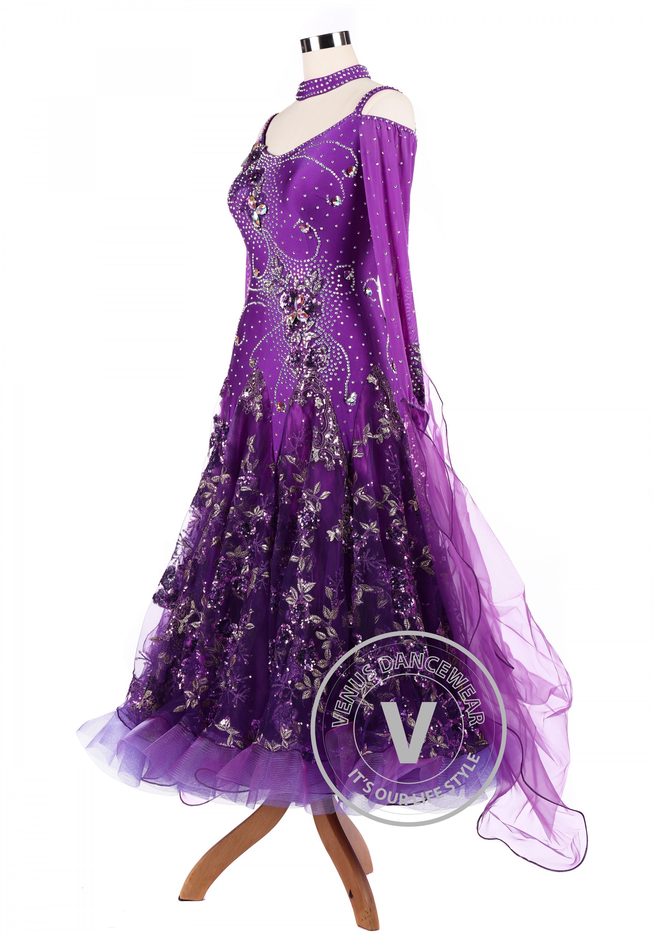 Purple Sequinned Floral Applique - Ballroom, Eveningwear