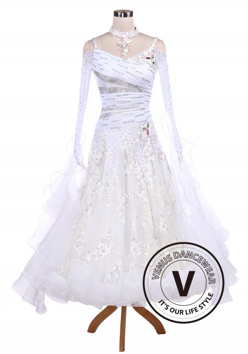 White Sequin Embroidered Ballroom Competition Dance Dress