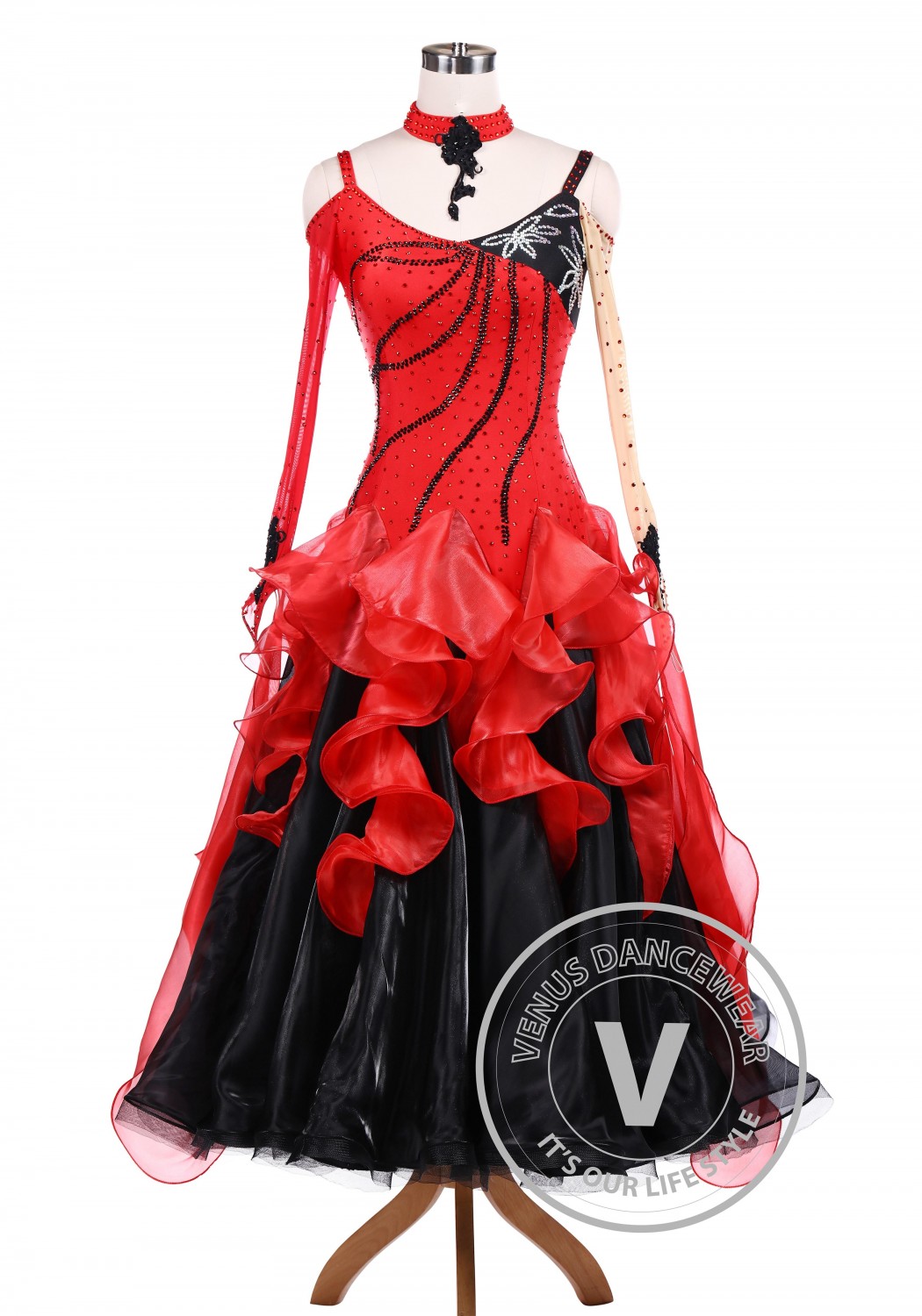 Black Red Ballroom Tango Competition Dance Dress