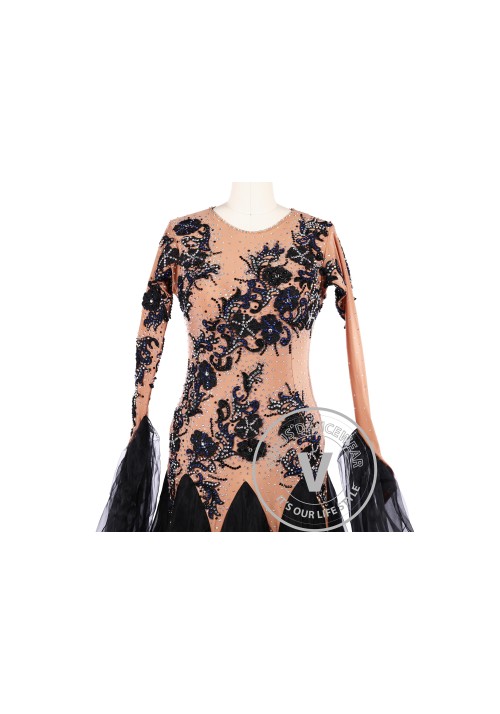 Chocolate Black Flower Ballroom Tango Competition Dance Dress