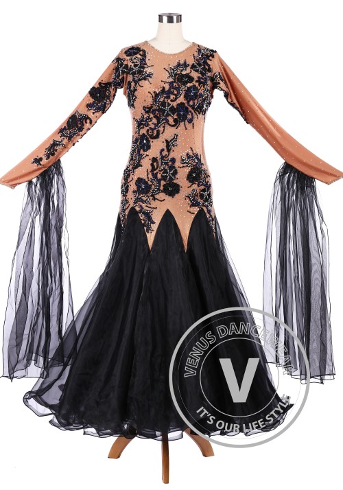 Chocolate Black Flower Ballroom Tango Competition Dance Dress