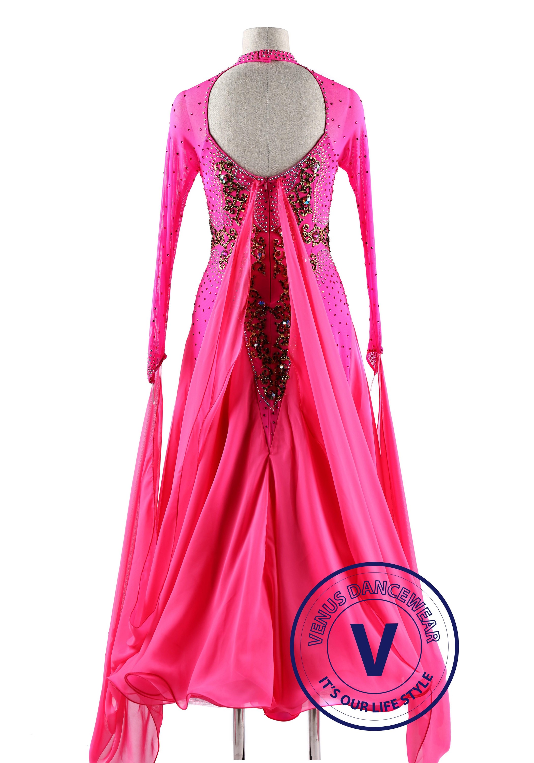 Robe De Danse Salon Pink Contrast Color - épaule Dénudée, Pour Compétition