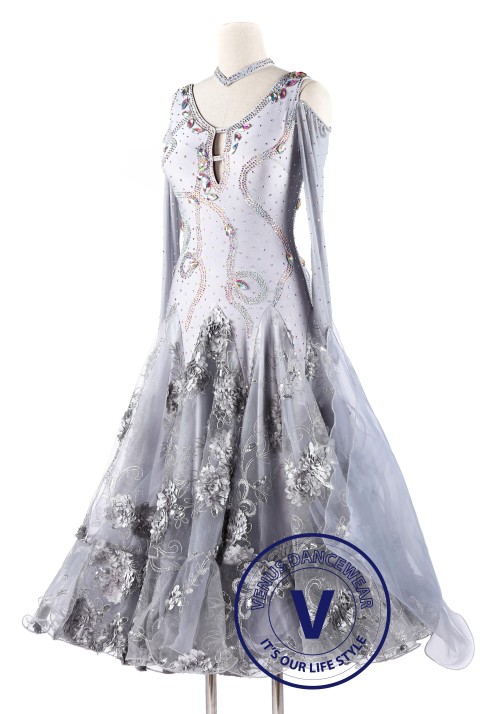 Silver Embroidery Foxtrot Waltz Standard Competition Dance Dress